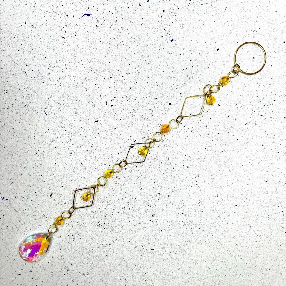Citrine Bead Wall Hanging | Gold Diamond Frame | Aurora Borealis Teardrop Prism